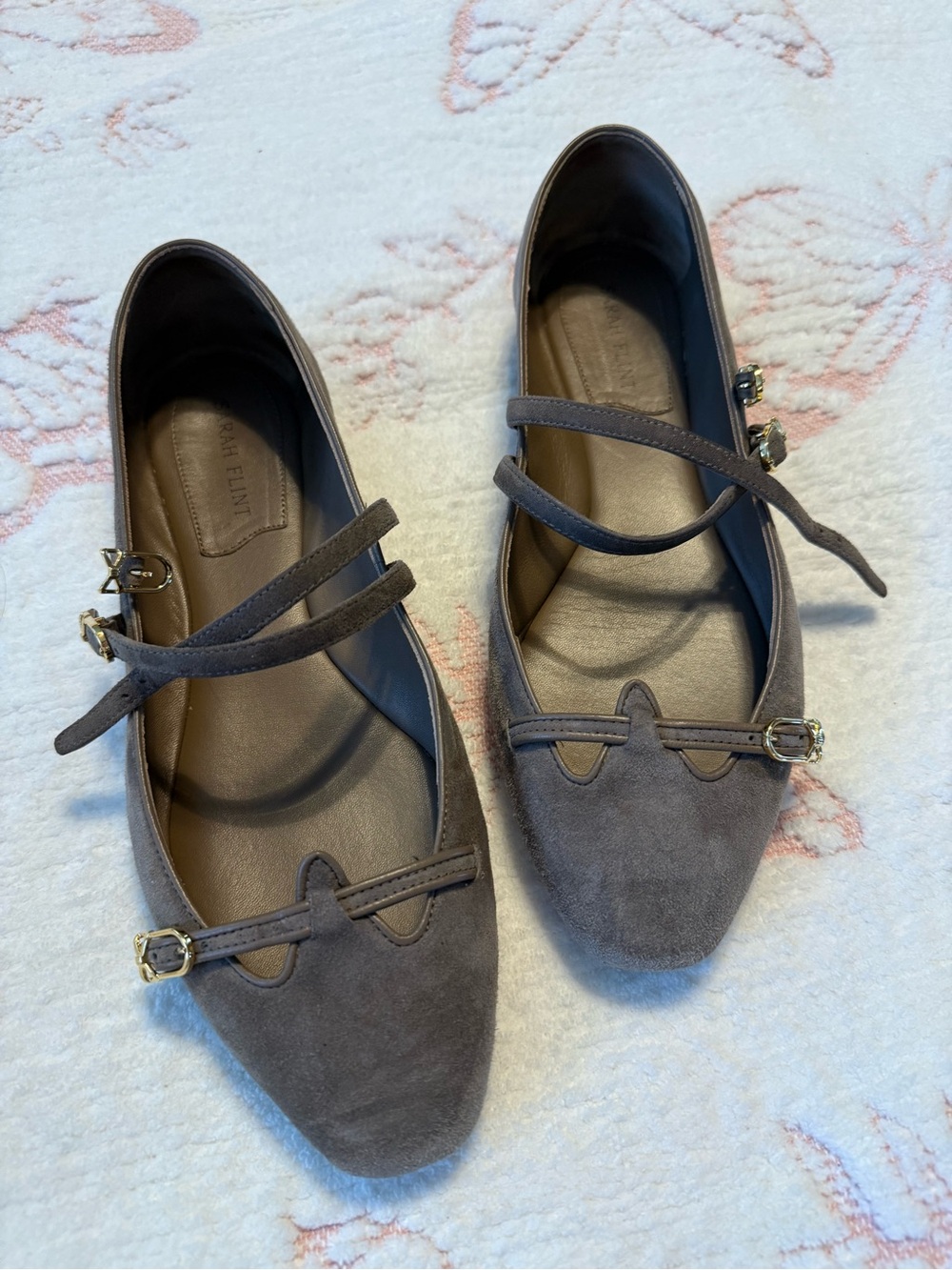 Sarah Flint Taupe Suede Double-Strap Ballet Flats